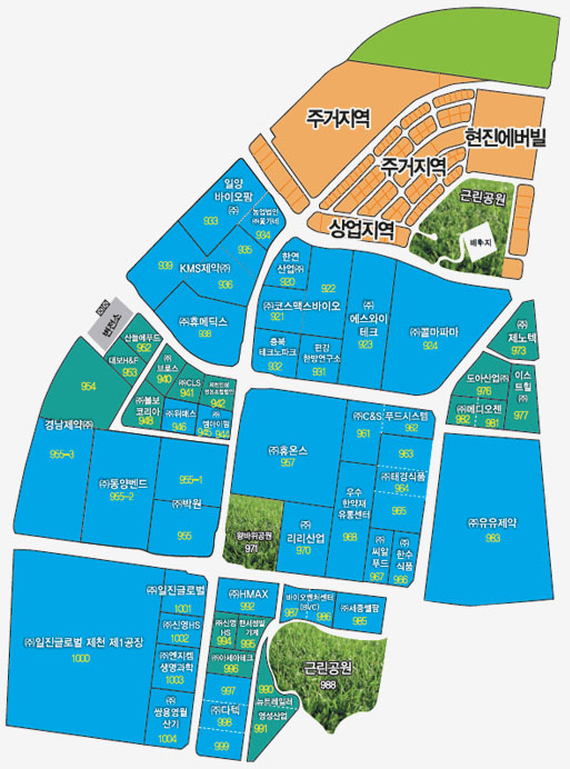 제1바이오밸리 업체별 위치 지도로 주거지역 부터 근린공원 상업지역, 각종회사들의 정보를 지도로 보여주고 있으며 3개의 공원과 2개의 주거지역과 1개의 상업지역이 있으며 현진에버빌 등 각종회사 40여개가 있습니다.